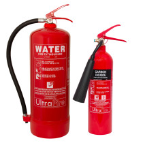 Red 9ltr water 2kg co2 fire extinguisher with a special offer label visible