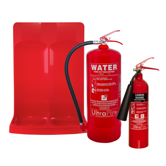9ltr water 2kg co2 double stand offer showing two red extinguishers and a double red stand behind them