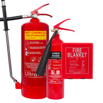 6ltr wet chemical fire extinguisher alongside 2kg co2 extinguisher and fire blanket with special offer label