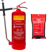 red wet chemical fire extinguisher with red fire blanket in a pouch on a white background