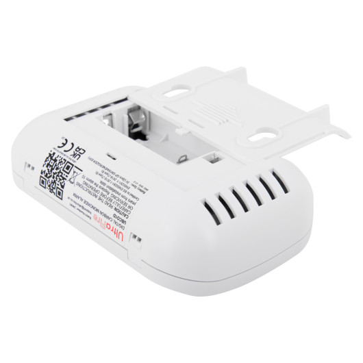 Back view of the ultrafire 10yr digital carbon monoxide alarm showing mounting bracket and vents