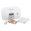 ultrafire 10yr digital carbon monoxide alarm with two batteries, mounting screws, and a plastic cover shown on a white background