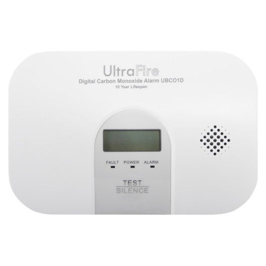Front view of the ultrafire 10yr digital carbon monoxide alarm showing screen and control buttons