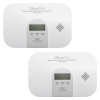 Front view of ultrafire co alarm twin pack showing two white rectangular alarm units with display and speaker grills