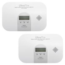 Front view of ultrafire co alarm twin pack showing two white rectangular alarm units with display and speaker grills