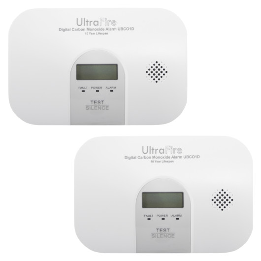 Front view of ultrafire co alarm twin pack showing two white rectangular alarm units with display and speaker grills