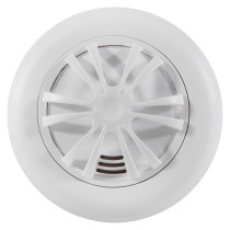 Front view of an ultrafire battery heat alarm showing its round white design and vent openings