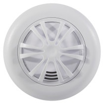 Front view of an ultrafire radio interlinked battery powered heat alarm showing the circular white design and vented centre