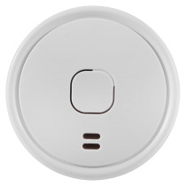 Front view of ultrafire battery optical smoke alarm showing circular shape and central square button