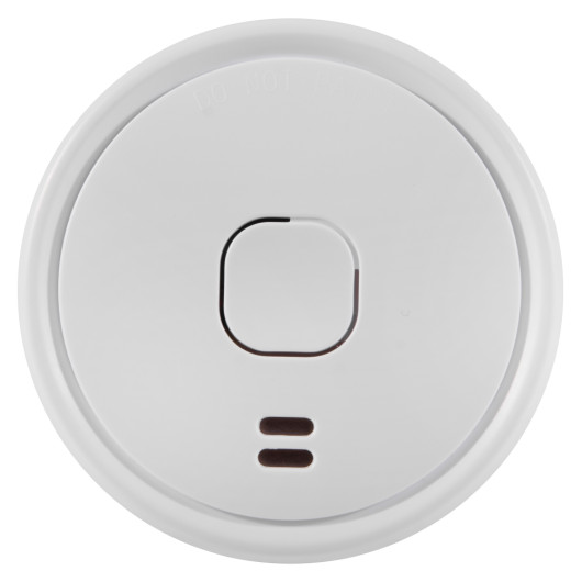 Front view of ultrafire battery optical smoke alarm showing circular shape and central square button
