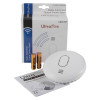 ultrafire radio interlinked battery optical smoke alarm with packaging, two batteries, manual and mounting screws