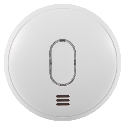 Front view of the ultrafire radio interlinked battery optical smoke alarm showing its circular shape and central sensor area