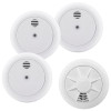 Four round white Ultrafire alarms arranged together, featuring three identical smoke alarms with central test buttons and small front grille openings, and one heat alarm with a radial vented heat‑sensing grill and lower sounder grille.