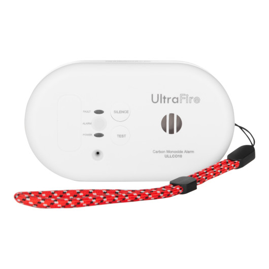 Front view of sealed 10 year carbon monoxide detector with red and black strap attached