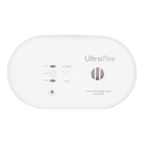Front straight view of a sealed 10 year carbon monoxide detector showing buttons and brand name UltraFire
