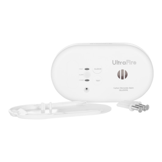 sealed 10 year carbon monoxide detector shown with mounting fixings and screws on a white background