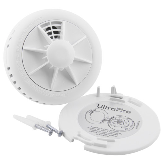 Ultra fire heat alarm with separate white back plate and two screws shown on a white background
