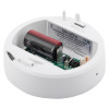 angled view of ultrafire radio interlinked 10yr battery heat alarm base showing battery and internal components