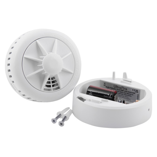 Ultrafire radio interlinked 10yr battery heat alarm showing the main unit, battery compartment with batteries, and mounting screws