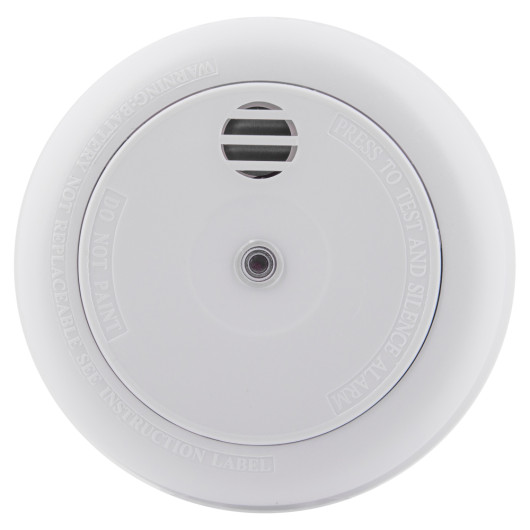 Front view of ultrafire radio interlinked 10yr battery optical smoke alarm showing its round shape and vents