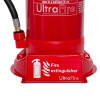 Closeup of ultrafire fire point single red showing part of the extinguisher and branding label