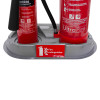 Closeup of ultrafire fire point double grey showing two red extinguishers on a grey base with labels and hoses