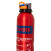 Closeup of the upper part of a red ultrafire 600g powder extinguisher with blue and orange details