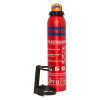 ultrafire 600g powder extinguisher shown standing upright with its black bracket beside it on a white background