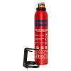 Red ultrafire 950g powder extinguisher with blue label and orange safety cap shown with black mounting bracket