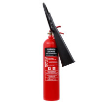 A red CO2 fire extinguisher with a black label