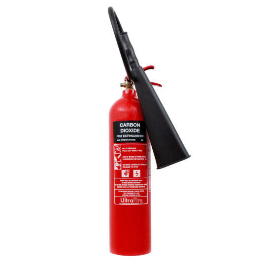 A red CO2 fire extinguisher with a black label