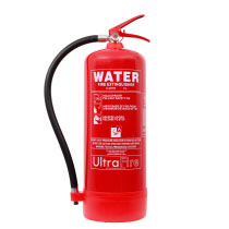 A red water fire extinguisher with a cream label