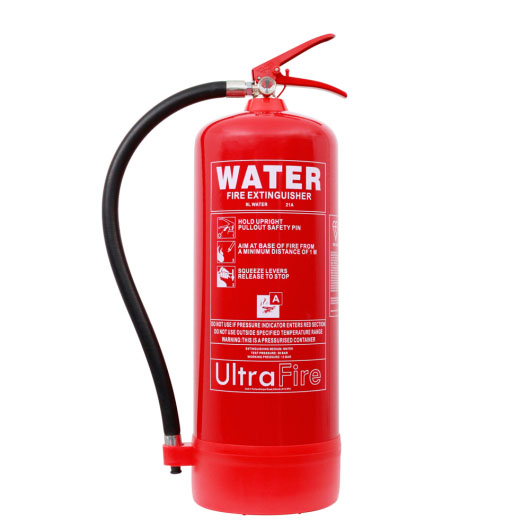 A red water fire extinguisher with a cream label