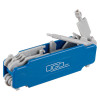 A blue and grey plastic tool labelled “UGO RESET,” featuring multiple articulated levers and fold‑out parts designed for mechanical resetting or adjustment.