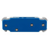 A close-up of a blue rectangular plastic component with grey edging and four evenly spaced metal screws securing the surface.