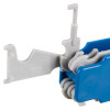 A detailed view of blue and grey interlocking plastic parts with hinge-like joints and hooks, designed to snap together as part of a modular assembly.