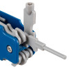 A blue plastic casing with a visible screw and grey sliding or interlocking components, suggesting a specialised mechanical connector or tool part.