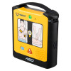 Yellow and black automated external defibrillator with illustrated pad‑placement and CPR instructions, a green power button, and child and shock mode buttons on the front.