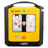 Front view of a VIVEST AED with a green power button, illustrated pad‑placement and CPR diagrams, and blue and orange mode buttons.