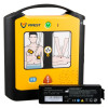 VIVEST AED with illustrated pad‑placement and CPR diagrams, blue mode button, orange shock button, and a removable lithium battery pack with printed specifications.