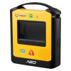 Yellow and black VIVEST AED with a display screen, green power button, blue mode button, and orange shock button on the front panel.