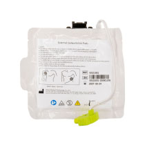 a front image of the pads suitable for the Vivest X1 and X3 defibrillators showing the green connector and an image of where the electrodes should be placed on a patient