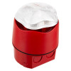 Red and clear Vxbchlrcd Banshee Excel Lite Sounder Beacon Led Deep Base Angled Together shown on white background