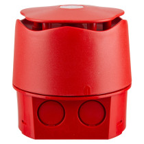 Front view of a red banshee excel capsule horn deep base showing its rounded top and circular details on the base