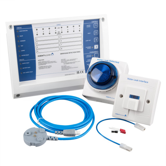 Close up of Vxilskp Identileak Mini Panel Contents showing control panel, water leak interface, and connected blue cables