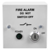 White front of Vxmviw Mains Voltage Safety Isolator showing key switch, power light, and warning text fire alarm do not switch off