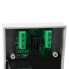 Close-up image showing the internal components of the Vxmviw Mains Voltage Safety Isolator White Internal with green connectors and fuse holder