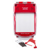 Red smart+guard call point cover flush mounted with screws and break glass tool displayed on white background