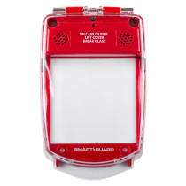 Front view of a red smart+guard call point cover flush mounted with clear protective casing and text label