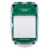 Green smart+guard call point cover flush mounted shown from the front with clear hinged protective flap and text on cover